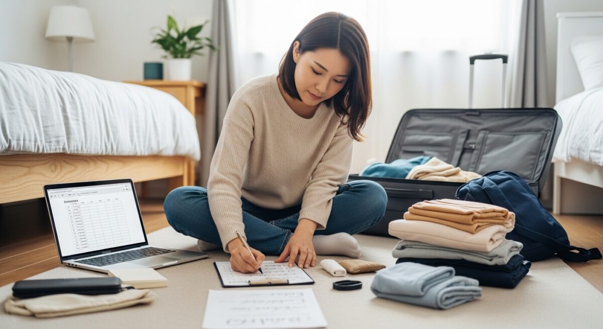 女子が1週間旅行をする際の持ち物を効率的に準備する