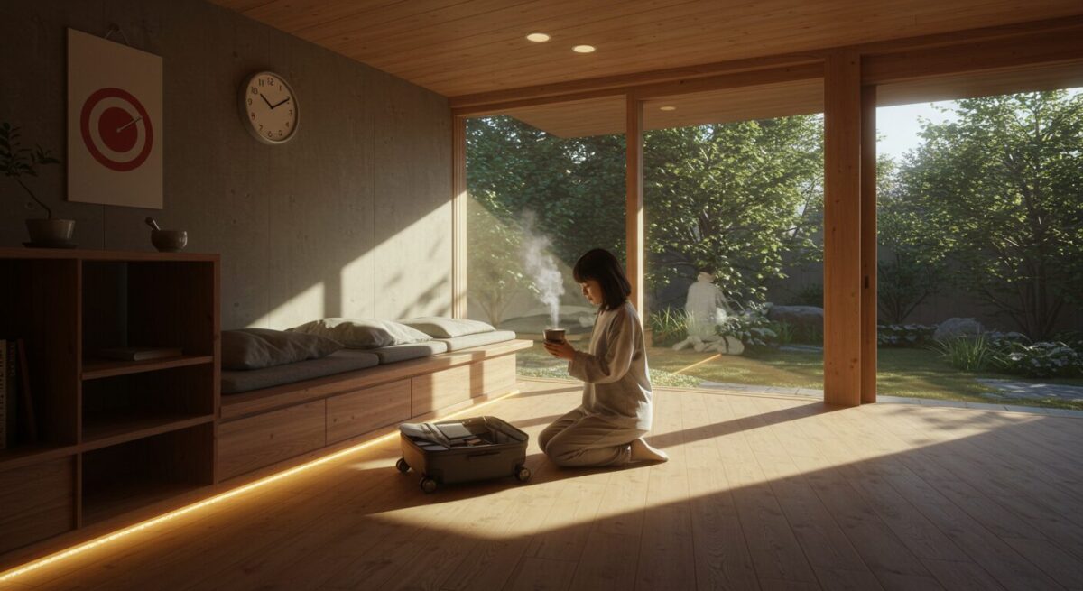 自室でキャンセルした旅行に対して思いを馳せながら、落ち着いて自分自身を向き合う女性のイメージ画像