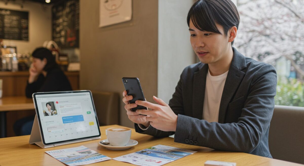 仕事の都合で予定していた旅行をキャンセルする旨を伝えようとしている男性のイメージ