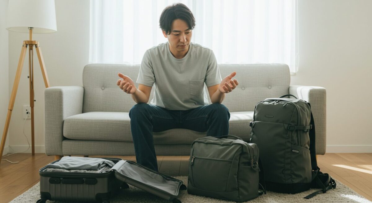 スーツケースとリュックどちらを旅行に持っていくか悩む男性