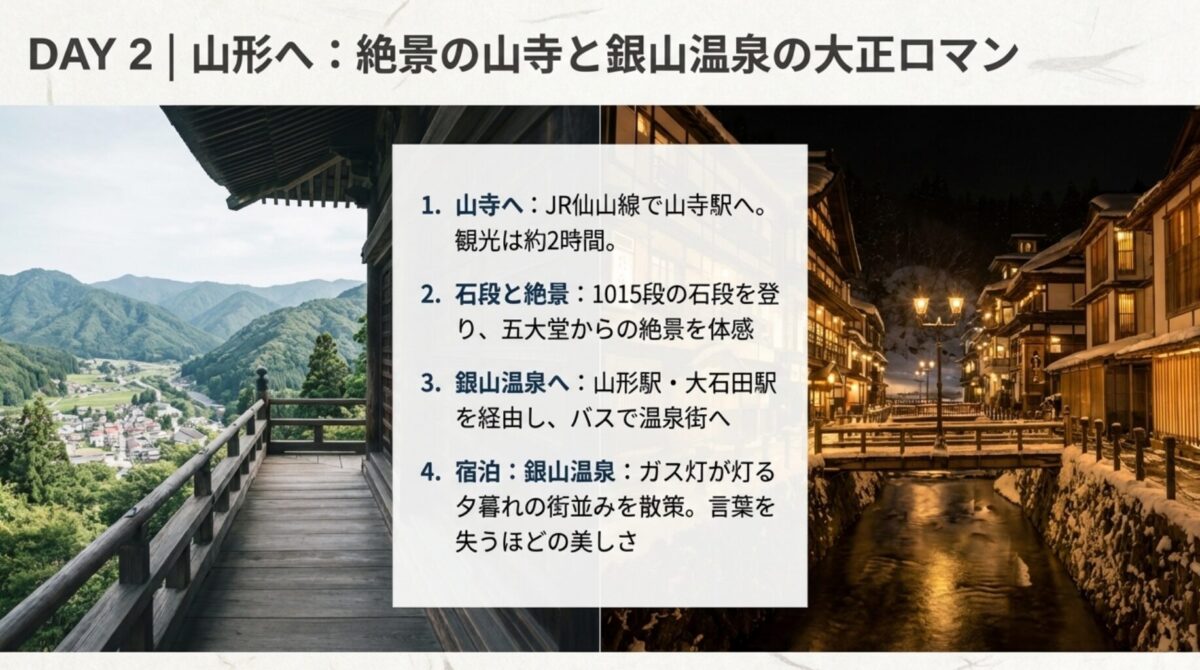 2日目：山寺の絶景と銀山温泉の大正ロマン